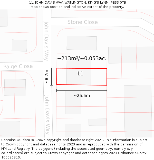 11, JOHN DAVIS WAY, WATLINGTON, KING'S LYNN, PE33 0TB: Plot and title map