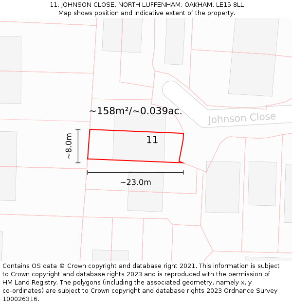 11, JOHNSON CLOSE, NORTH LUFFENHAM, OAKHAM, LE15 8LL: Plot and title map