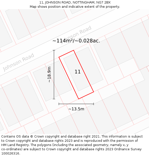11, JOHNSON ROAD, NOTTINGHAM, NG7 2BX: Plot and title map