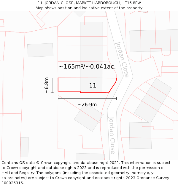 11, JORDAN CLOSE, MARKET HARBOROUGH, LE16 8EW: Plot and title map
