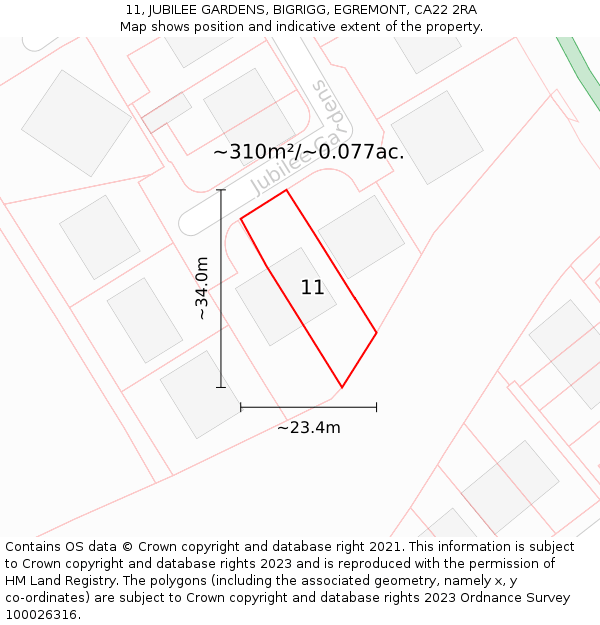 11, JUBILEE GARDENS, BIGRIGG, EGREMONT, CA22 2RA: Plot and title map