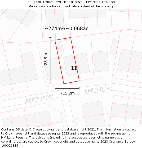 11, JUDITH DRIVE, COUNTESTHORPE, LEICESTER, LE8 5QS: Plot and title map