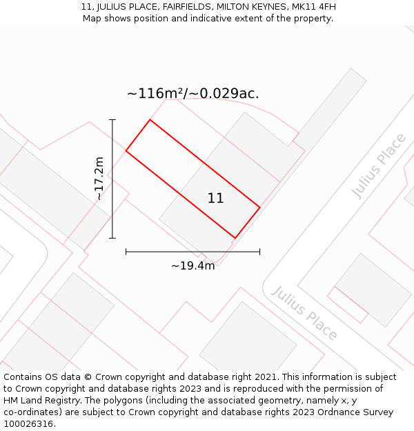 11, JULIUS PLACE, FAIRFIELDS, MILTON KEYNES, MK11 4FH: Plot and title map
