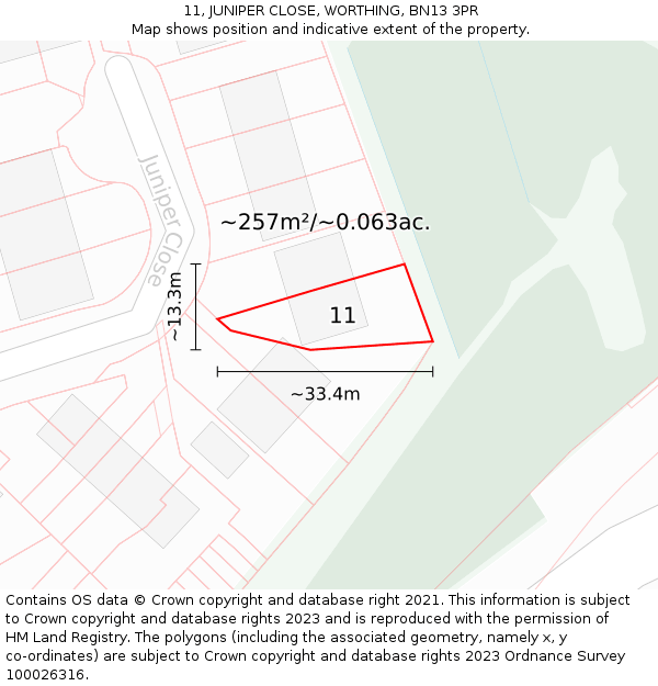 11, JUNIPER CLOSE, WORTHING, BN13 3PR: Plot and title map