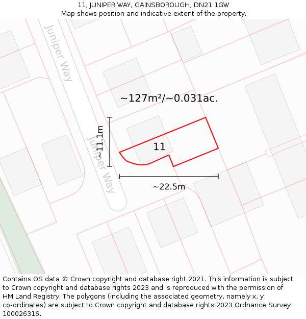 11, JUNIPER WAY, GAINSBOROUGH, DN21 1GW: Plot and title map