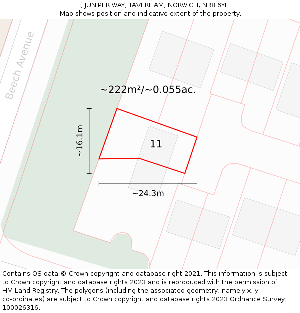 11, JUNIPER WAY, TAVERHAM, NORWICH, NR8 6YF: Plot and title map