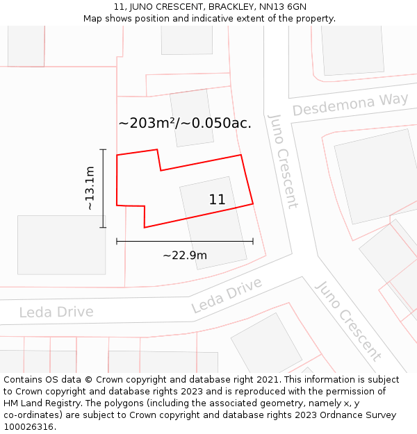 11, JUNO CRESCENT, BRACKLEY, NN13 6GN: Plot and title map