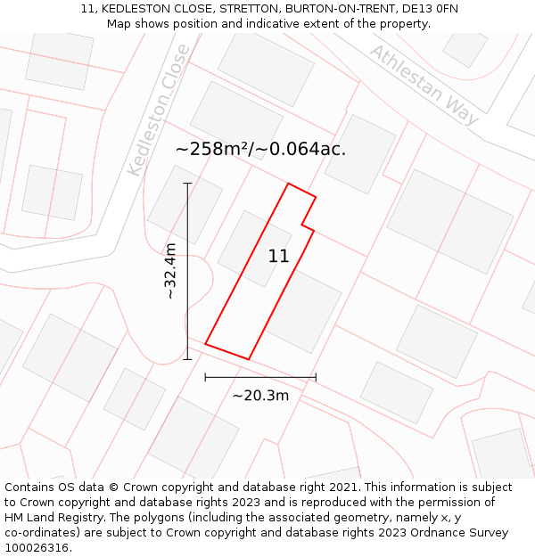 11, KEDLESTON CLOSE, STRETTON, BURTON-ON-TRENT, DE13 0FN: Plot and title map