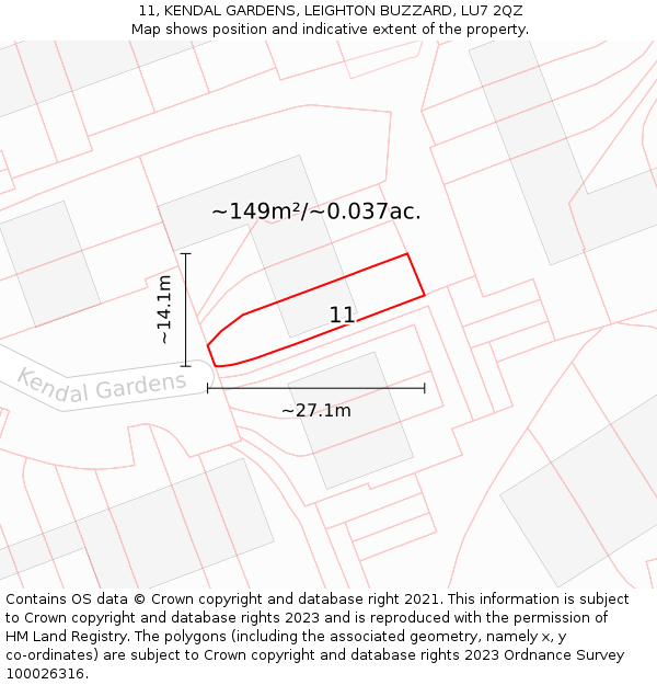 11, KENDAL GARDENS, LEIGHTON BUZZARD, LU7 2QZ: Plot and title map