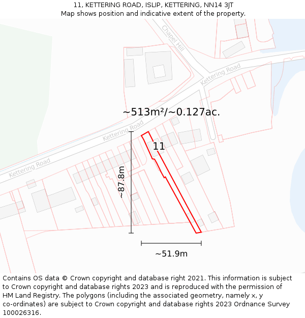 11, KETTERING ROAD, ISLIP, KETTERING, NN14 3JT: Plot and title map