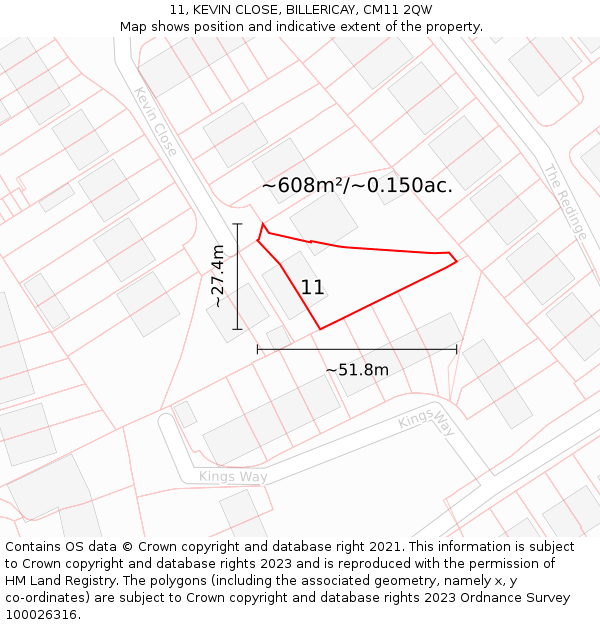 11, KEVIN CLOSE, BILLERICAY, CM11 2QW: Plot and title map