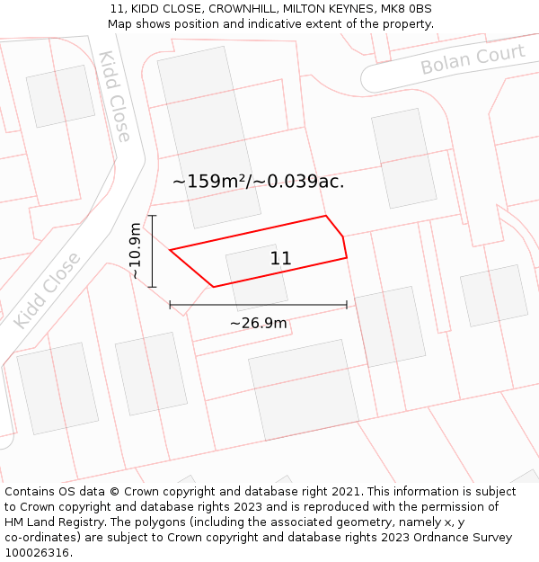 11, KIDD CLOSE, CROWNHILL, MILTON KEYNES, MK8 0BS: Plot and title map