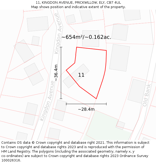 11, KINGDON AVENUE, PRICKWILLOW, ELY, CB7 4UL: Plot and title map