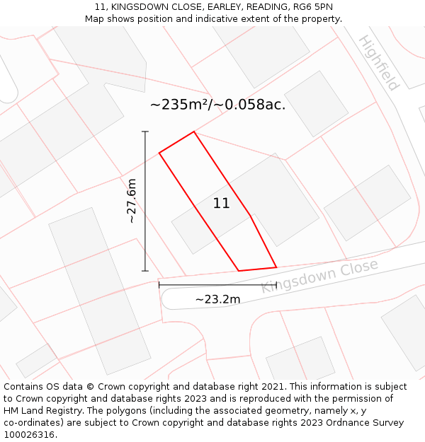 11, KINGSDOWN CLOSE, EARLEY, READING, RG6 5PN: Plot and title map