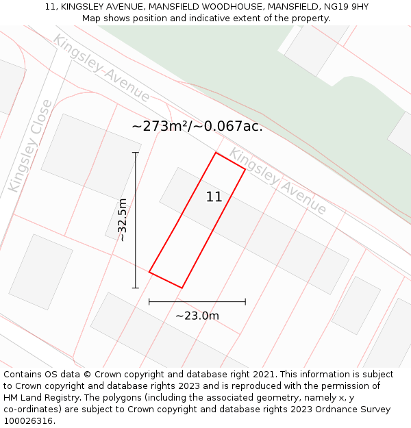 11, KINGSLEY AVENUE, MANSFIELD WOODHOUSE, MANSFIELD, NG19 9HY: Plot and title map