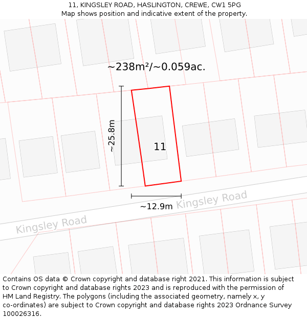 11, KINGSLEY ROAD, HASLINGTON, CREWE, CW1 5PG: Plot and title map