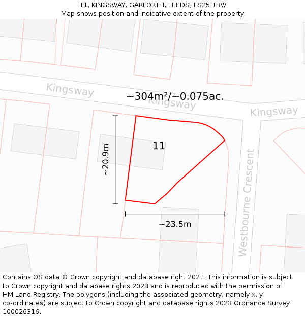 11, KINGSWAY, GARFORTH, LEEDS, LS25 1BW: Plot and title map