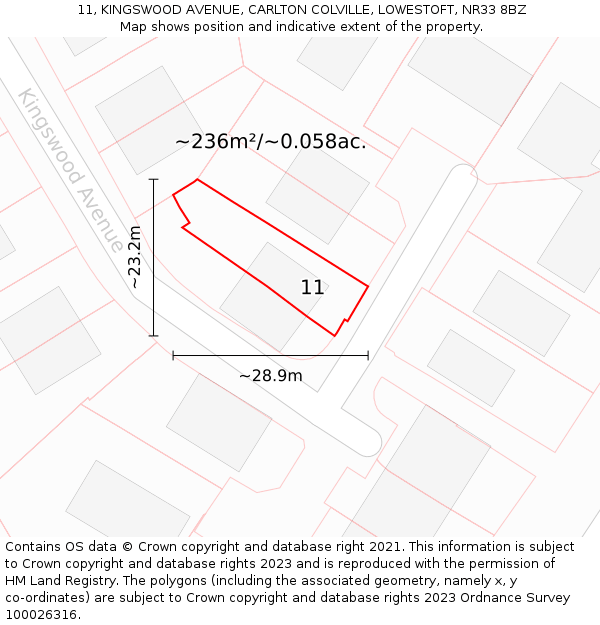 11, KINGSWOOD AVENUE, CARLTON COLVILLE, LOWESTOFT, NR33 8BZ: Plot and title map