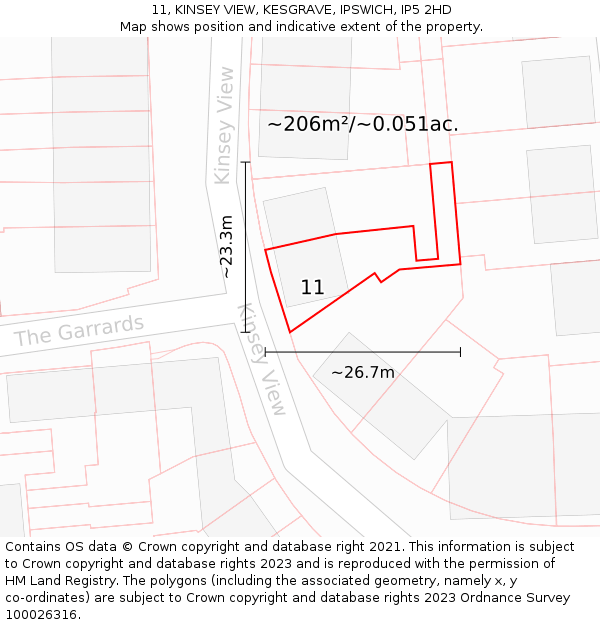 11, KINSEY VIEW, KESGRAVE, IPSWICH, IP5 2HD: Plot and title map