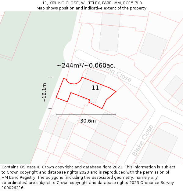 11, KIPLING CLOSE, WHITELEY, FAREHAM, PO15 7LR: Plot and title map