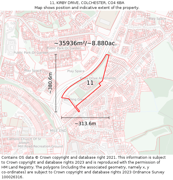 11, KIRBY DRIVE, COLCHESTER, CO4 6BA: Plot and title map
