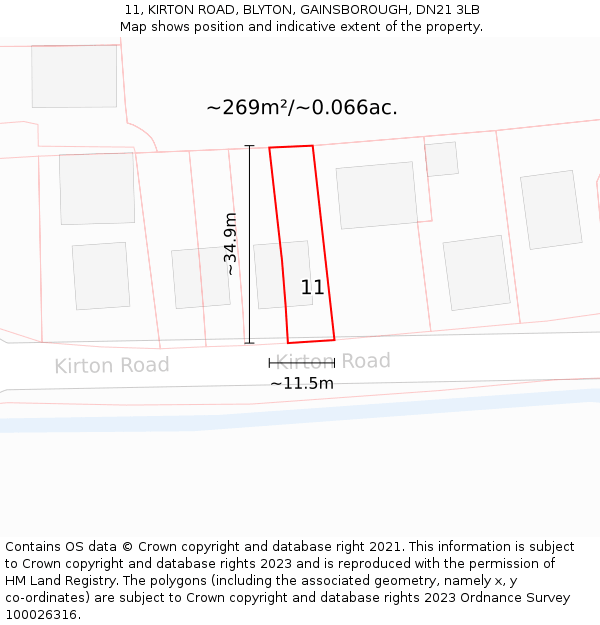 11, KIRTON ROAD, BLYTON, GAINSBOROUGH, DN21 3LB: Plot and title map