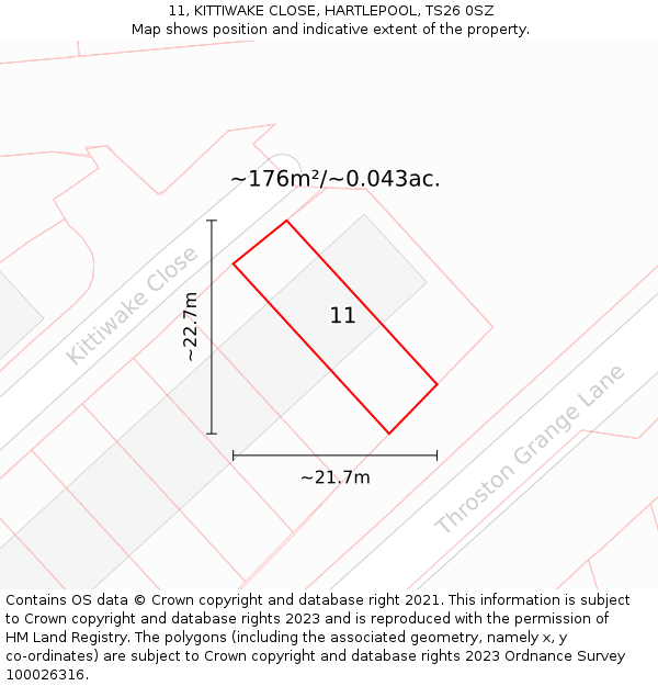 11, KITTIWAKE CLOSE, HARTLEPOOL, TS26 0SZ: Plot and title map