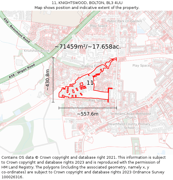 11, KNIGHTSWOOD, BOLTON, BL3 4UU: Plot and title map