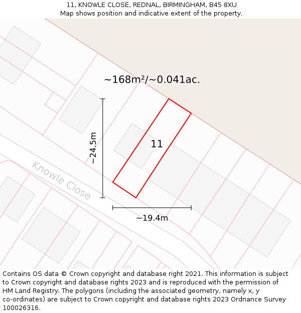 11, KNOWLE CLOSE, REDNAL, BIRMINGHAM, B45 8XU: Plot and title map