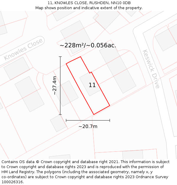 11, KNOWLES CLOSE, RUSHDEN, NN10 0DB: Plot and title map