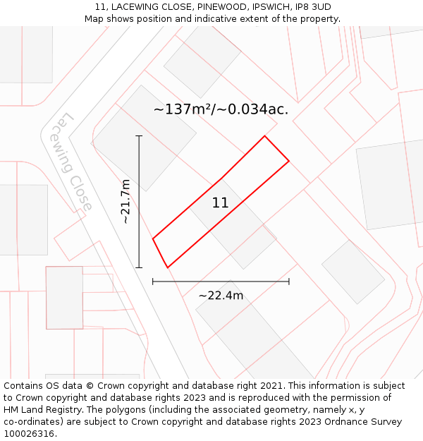 11, LACEWING CLOSE, PINEWOOD, IPSWICH, IP8 3UD: Plot and title map