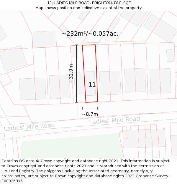 11, LADIES MILE ROAD, BRIGHTON, BN1 8QE: Plot and title map