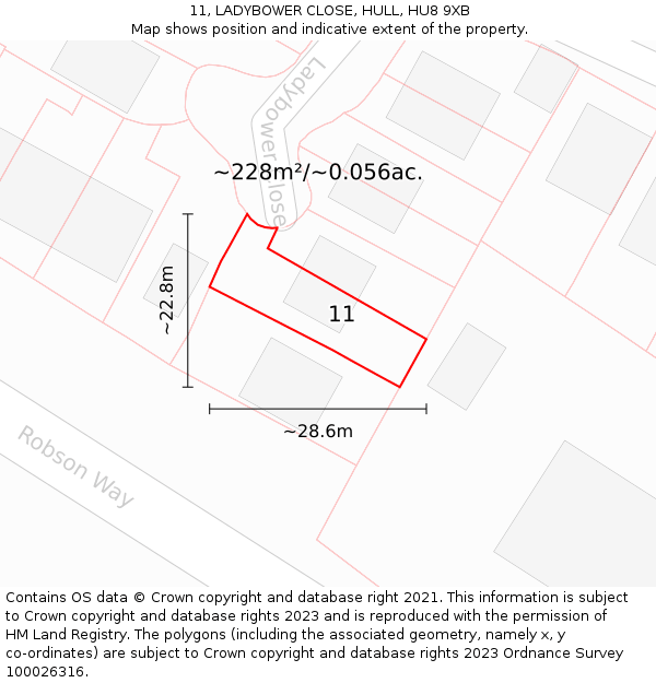 11, LADYBOWER CLOSE, HULL, HU8 9XB: Plot and title map