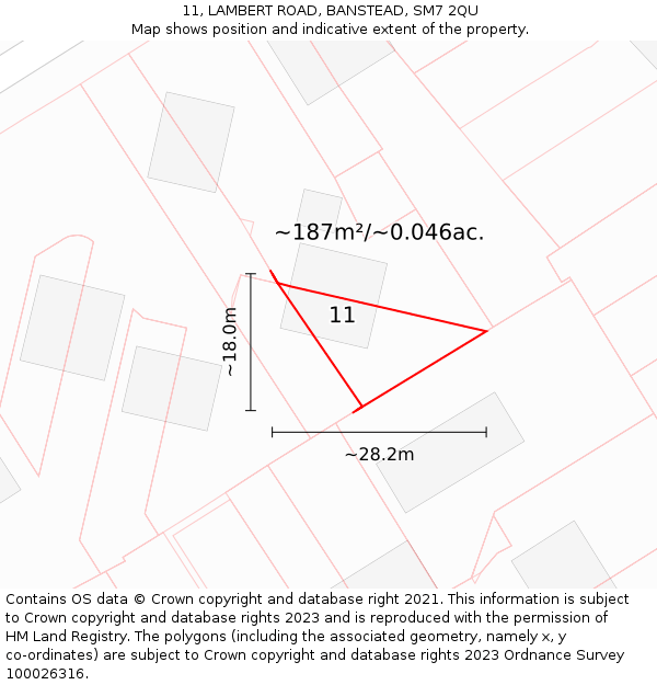 11, LAMBERT ROAD, BANSTEAD, SM7 2QU: Plot and title map