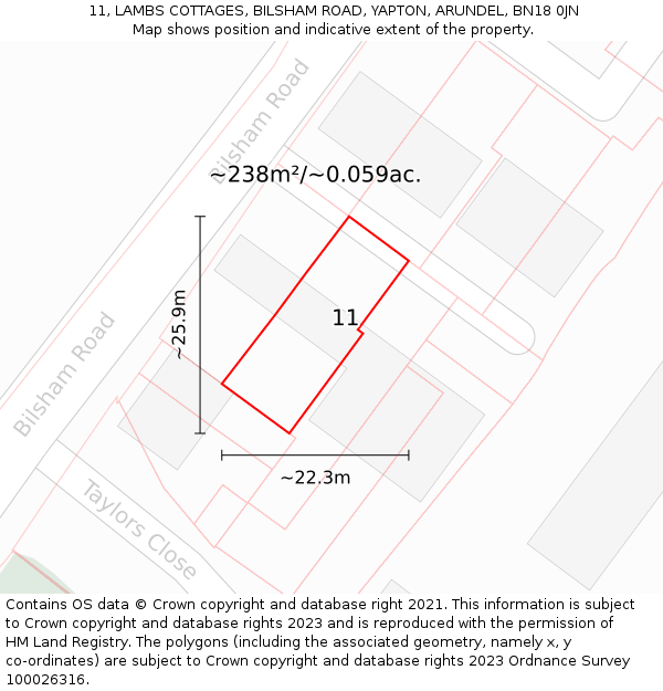 11, LAMBS COTTAGES, BILSHAM ROAD, YAPTON, ARUNDEL, BN18 0JN: Plot and title map