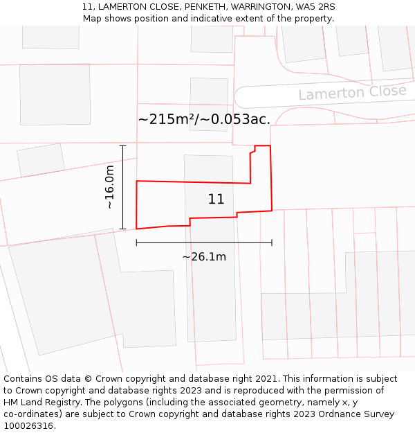 11, LAMERTON CLOSE, PENKETH, WARRINGTON, WA5 2RS: Plot and title map