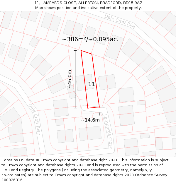 11, LAMPARDS CLOSE, ALLERTON, BRADFORD, BD15 9AZ: Plot and title map