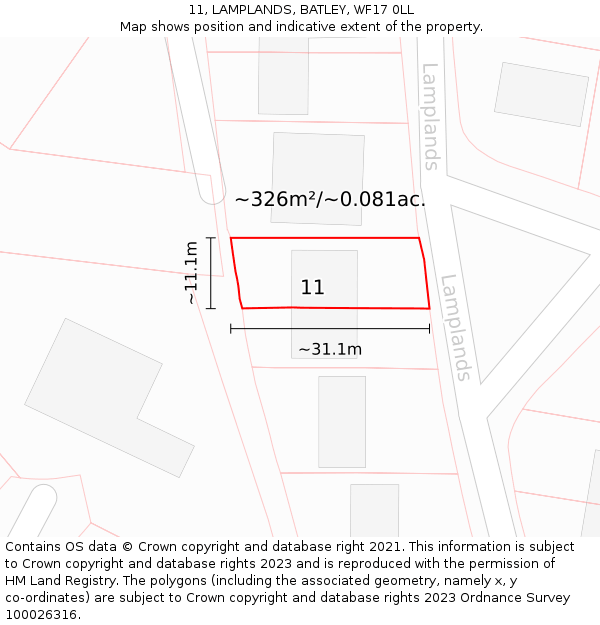 11, LAMPLANDS, BATLEY, WF17 0LL: Plot and title map