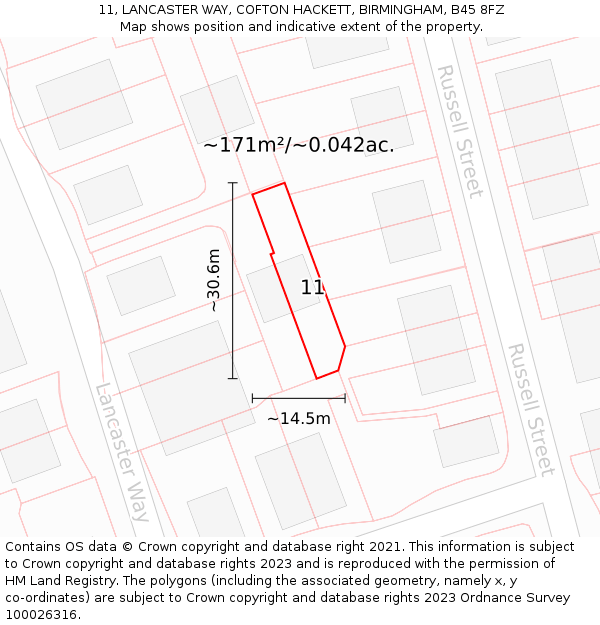 11, LANCASTER WAY, COFTON HACKETT, BIRMINGHAM, B45 8FZ: Plot and title map
