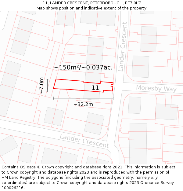 11, LANDER CRESCENT, PETERBOROUGH, PE7 0LZ: Plot and title map
