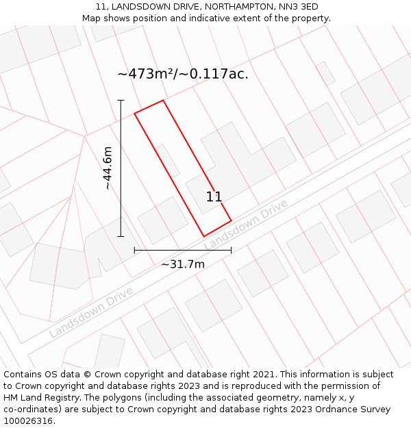 11, LANDSDOWN DRIVE, NORTHAMPTON, NN3 3ED: Plot and title map