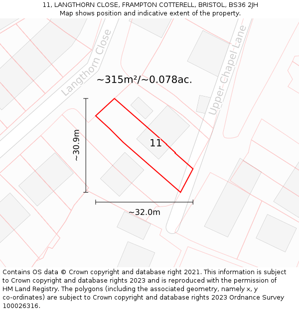 11, LANGTHORN CLOSE, FRAMPTON COTTERELL, BRISTOL, BS36 2JH: Plot and title map