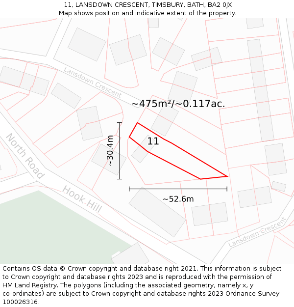11, LANSDOWN CRESCENT, TIMSBURY, BATH, BA2 0JX: Plot and title map