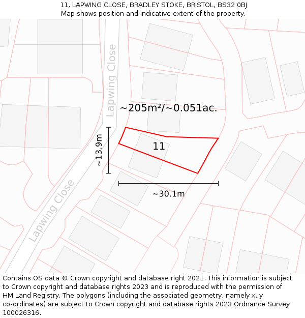 11, LAPWING CLOSE, BRADLEY STOKE, BRISTOL, BS32 0BJ: Plot and title map