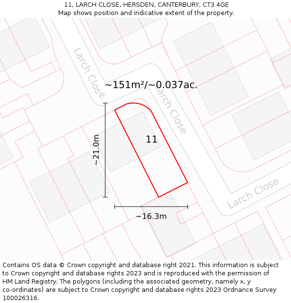11, LARCH CLOSE, HERSDEN, CANTERBURY, CT3 4GE: Plot and title map