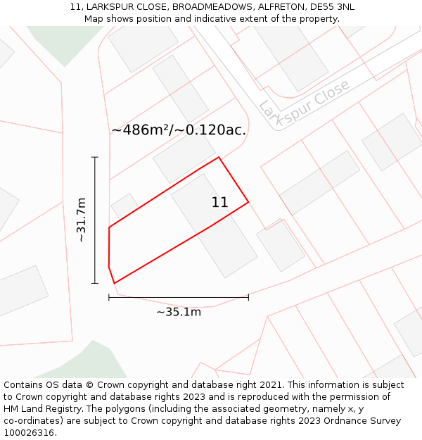 11, LARKSPUR CLOSE, BROADMEADOWS, ALFRETON, DE55 3NL: Plot and title map