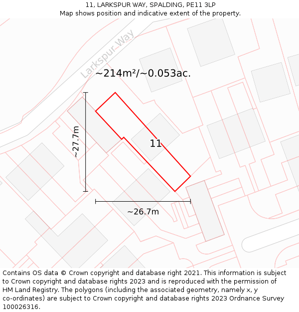 11, LARKSPUR WAY, SPALDING, PE11 3LP: Plot and title map