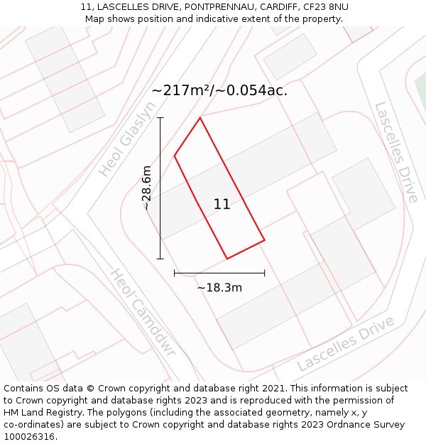 11, LASCELLES DRIVE, PONTPRENNAU, CARDIFF, CF23 8NU: Plot and title map