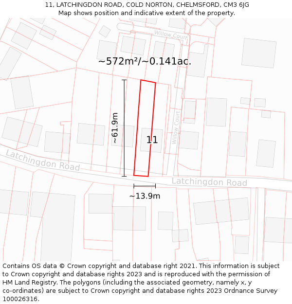 11, LATCHINGDON ROAD, COLD NORTON, CHELMSFORD, CM3 6JG: Plot and title map