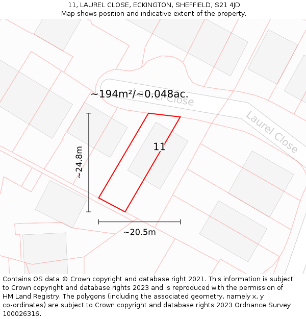 11, LAUREL CLOSE, ECKINGTON, SHEFFIELD, S21 4JD: Plot and title map